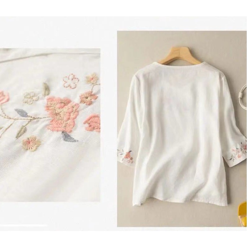 Áo kiểu trung niên tay lỡ chất đũi xước cao cấp thêu họa tiết độc đáo. R4