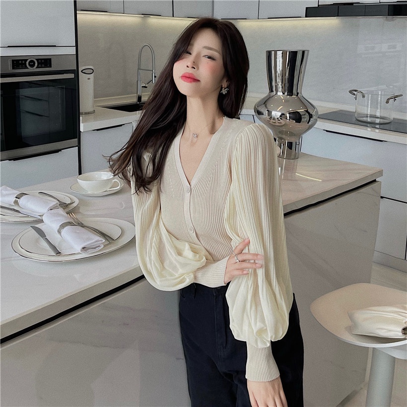 QKOOLE  Áo khoác cardigan dệt kim tay phồng dáng rộng phong cách Hàn Quốc thời trang cho nữ