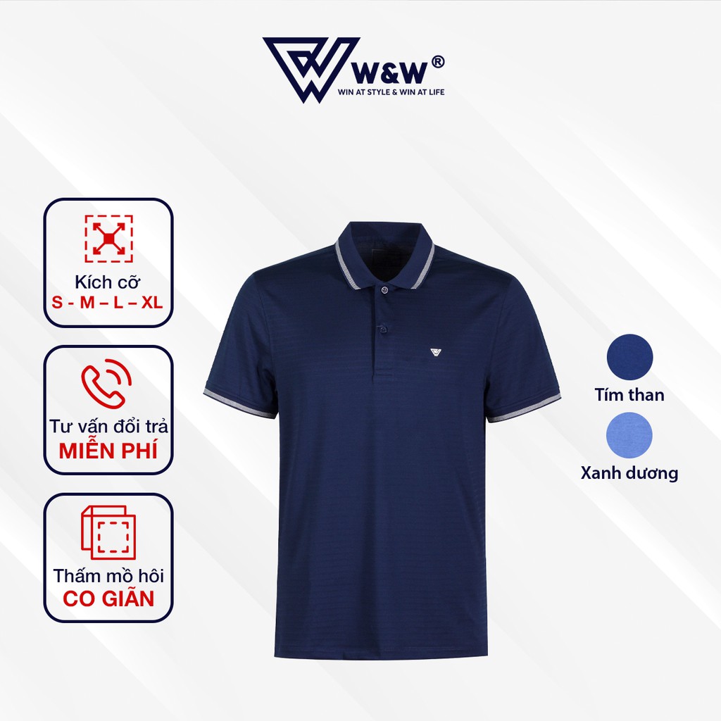 Áo Thun Nam Polo W&amp;W Dáng Regular Fit Cổ Áo Không Chân Phối Kẻ Trơn Rapoo, Thoáng Mát, Thấm Hút Tốt WPO44R