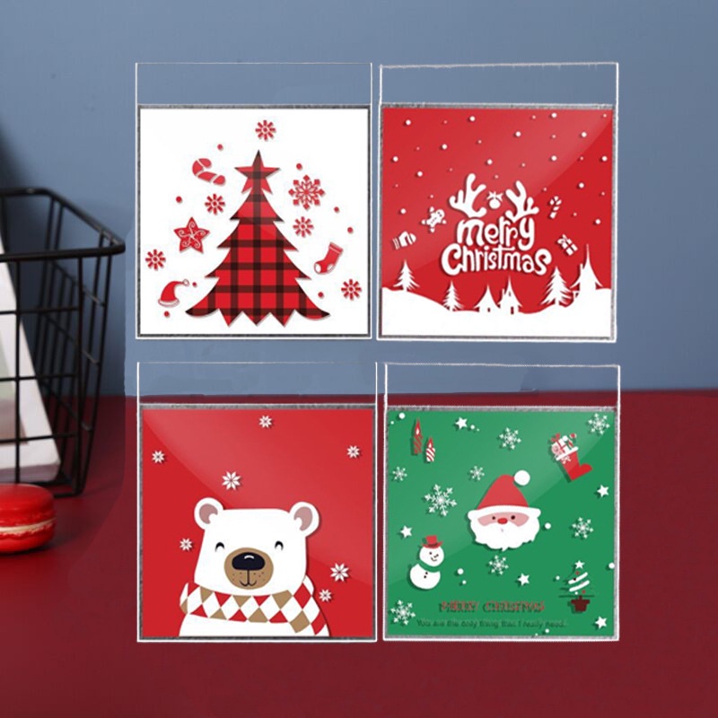 Set 100 Túi Nhựa Đựng Bánh Kẹo Tự Dính Hình Gấu Hoạt Hình Dễ Thương Trang Trí Giáng Sinh