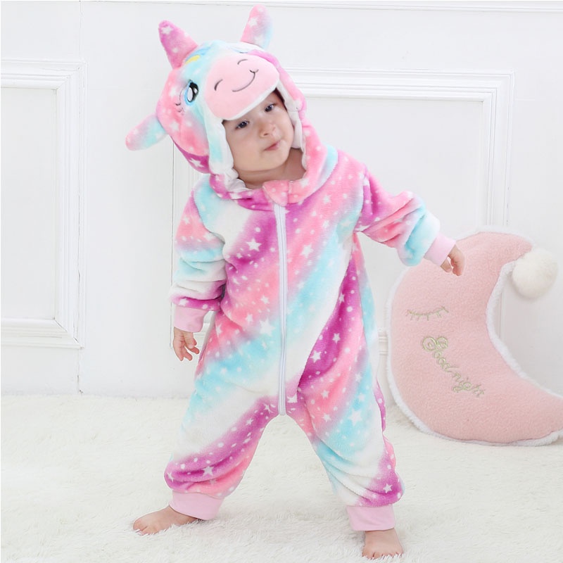 Áo Liền Quần Bằng Vải Flannel Họa Tiết Kỳ Lân Bầu Trời Sao Dễ Thương Cho Bé