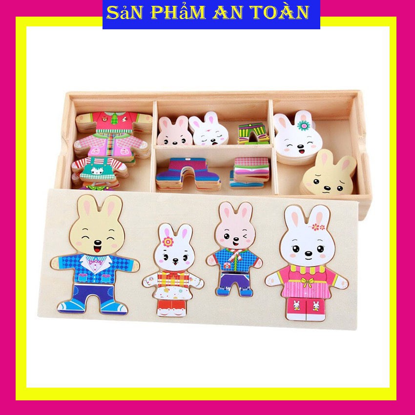 Bộ ghép hình gia đình thỏ đáng yêu bằng gỗ cho bé - Mặc quần áo cho gia đình thỏ
