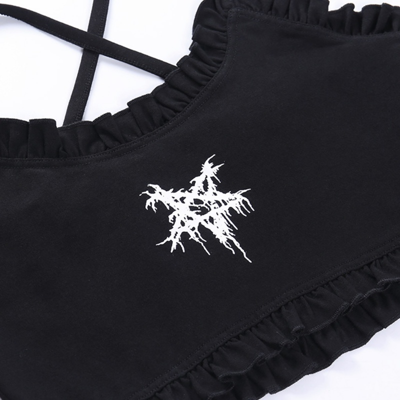 Xiangbao Áo Crop Top Không Tay Phối Bèo Nhún In Họa Tiết Ngôi Sao Năm Cánh Phong Cách Gothic Harajuku Gợi Cảm Cho Nữ