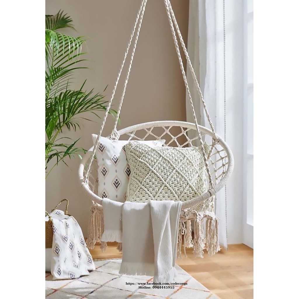 Xích đu mây đan 80 màu trắng (kèm phụ kiện treo)