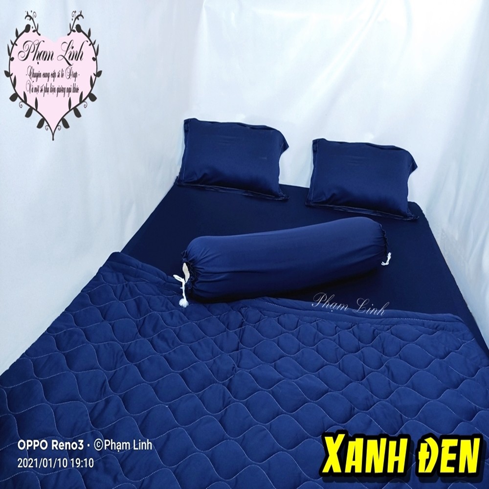 [Bộ 5 món] Bộ Drap-Ga trải giường và mền chần bông thun lạnh 4 chiều màu trơn [Xanh đen, Xanh cổ vịt]