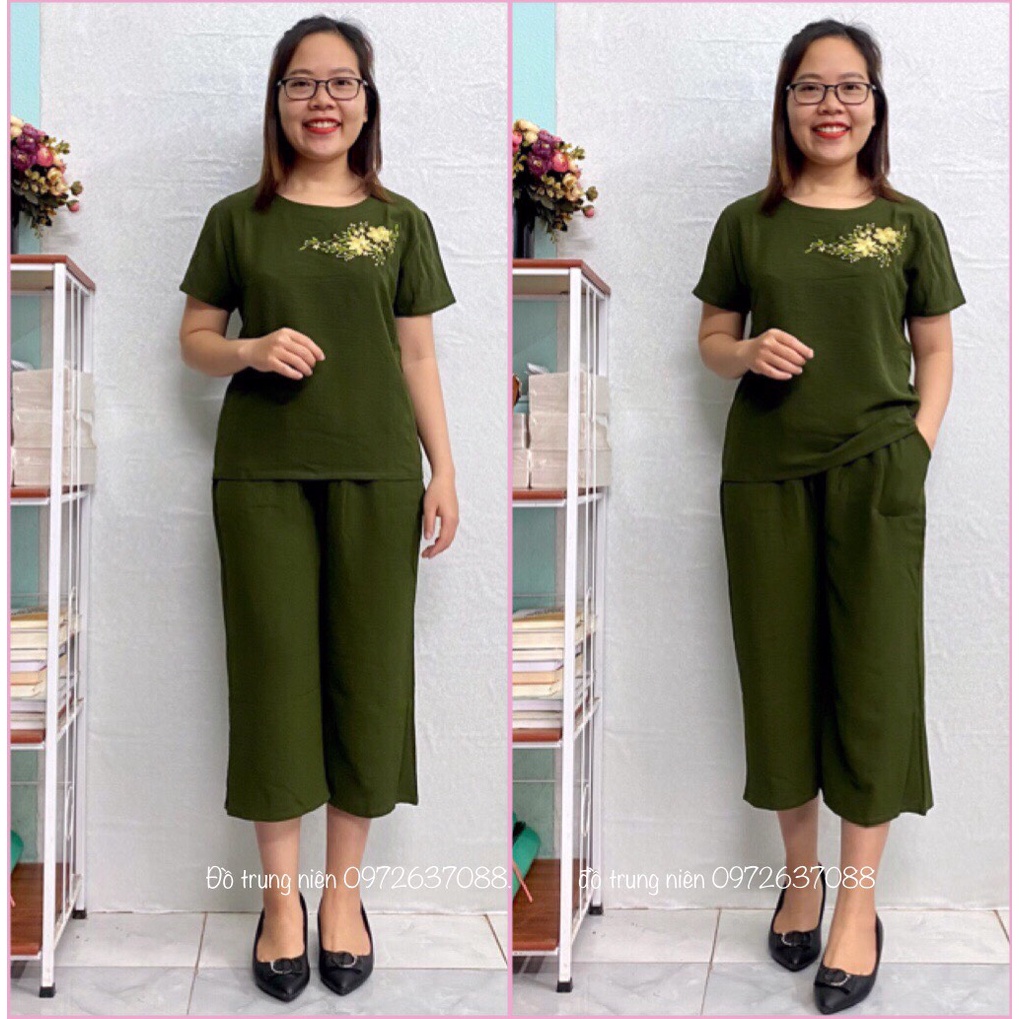 Đồ bộ trung niên đũi cho mẹ mặc nhà - Bộ ngủ người già cao cấp áo thêu hoa quần lửng ống rộng bigsize đẹp rẻ