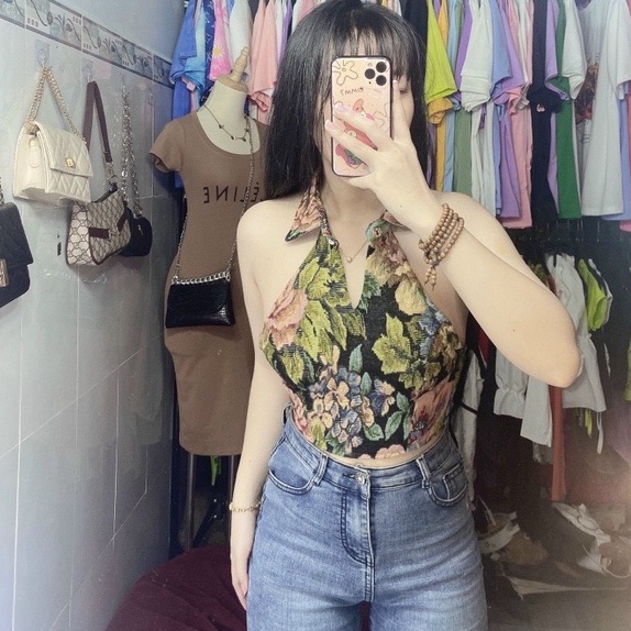 Áo kiểu yếm thổ cẩm sát nách cài nút cổ hở lưng đan dây cực xinh , chất thổ cẩm mềm mịn ( ảnh thật )
