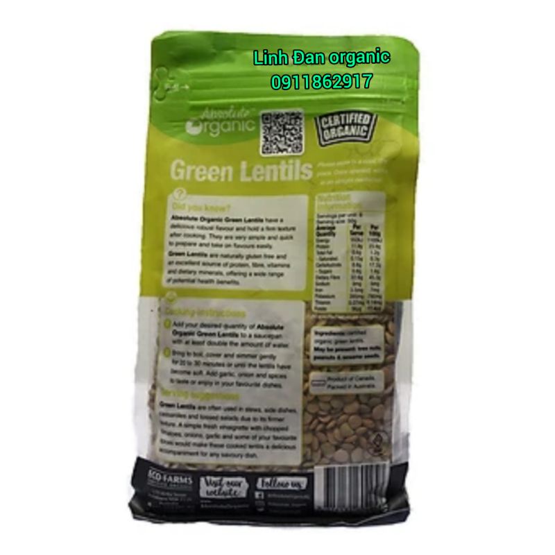 [CHÍNH HÃNG] Đậu Lăng Xanh Úc Absolute Organic 400gr date 2022