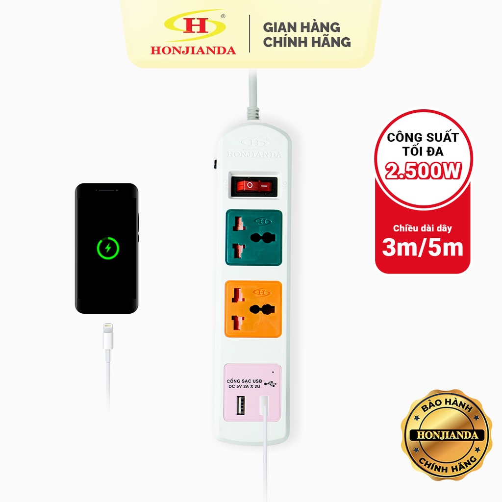 Ổ cắm điện đa năng có USB Honjianda Mã 05 Dây 3m - an toàn chống quá tải