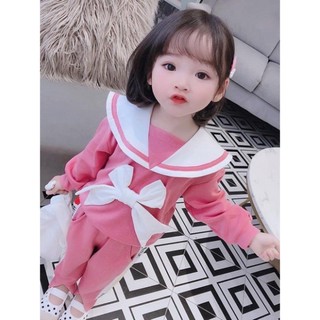 Xả Set áo dài tay nơ hồng cho bé gái