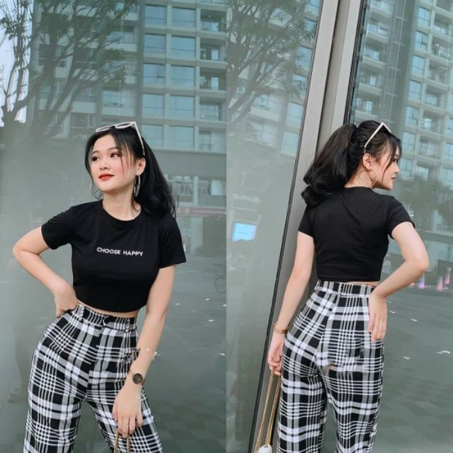 SET ÁO CROPTOP + QUẦN SUÔNG CARO ỐNG RỘNG TT51