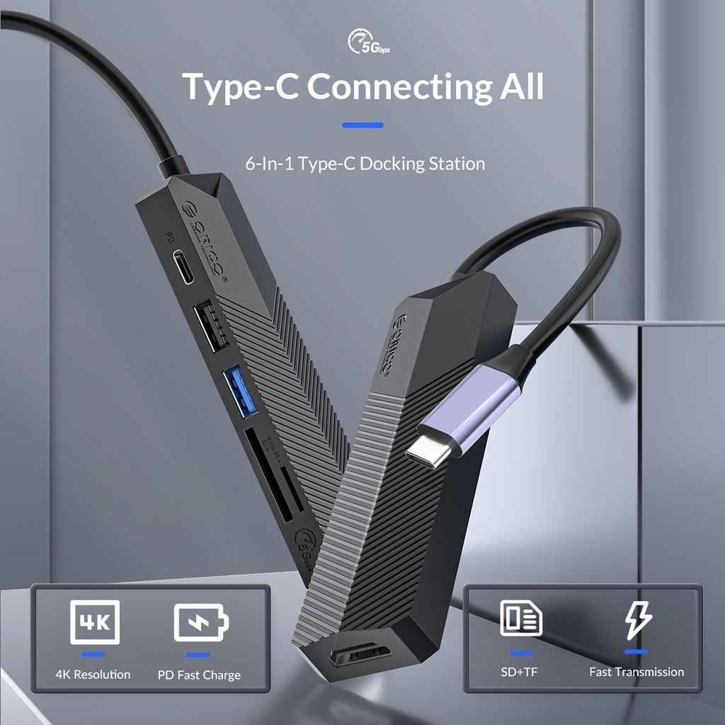 Hub USB Orico Chuyển Đổi 6 Trong 1 Cổng Type C Sang USB 3.0/ USB 2.0/ HDMI/ SD/ TF/USB-C(PD) MDK-6P-BK - Hàng Chính Hãng