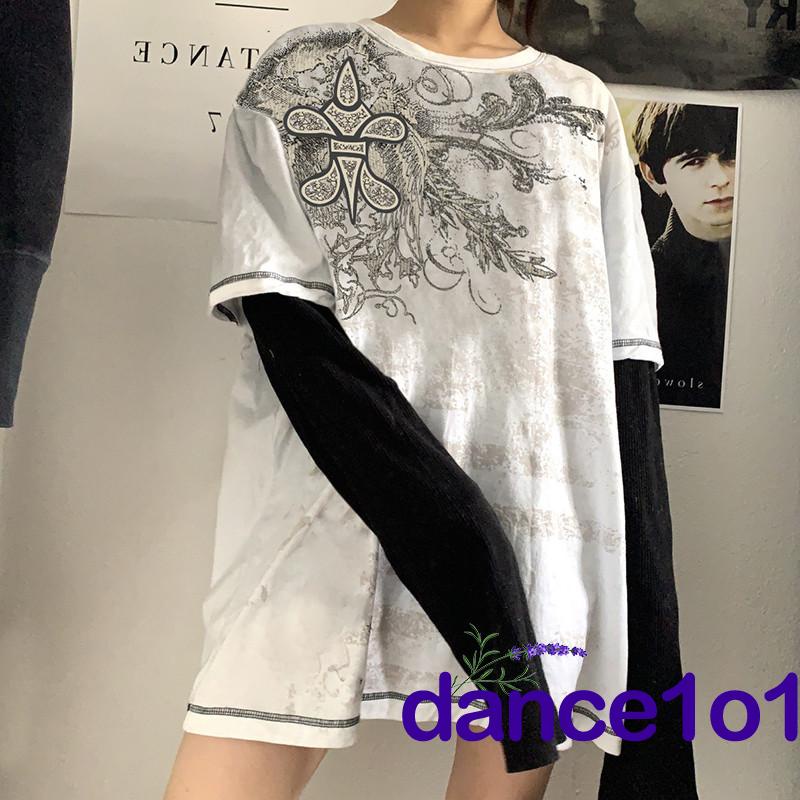 Áo thun nữ cổ tròn dài tay in hoa Y2k