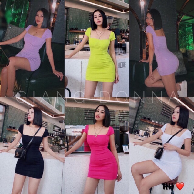 [HÌNH_THẬT_CUỐI]Đầm body tay ngắn cổ vuông cúp ngực (có mút)