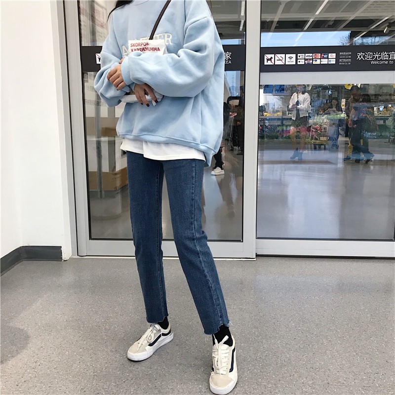 [Sẵn]  QA11_Quần Jean | quần bò cạp cao ống đứng xẻ gấu ulzzang Hàn quốc