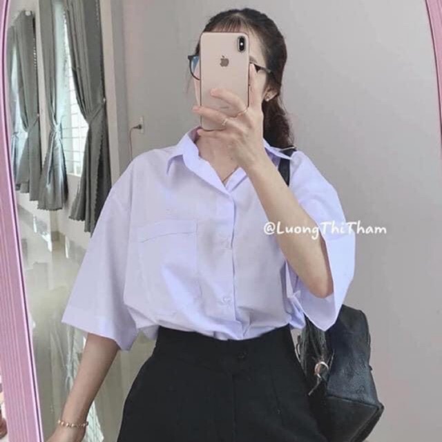 Áo sơ mi nữ tay lỡ có túi học sinh phong cách hàn quốc