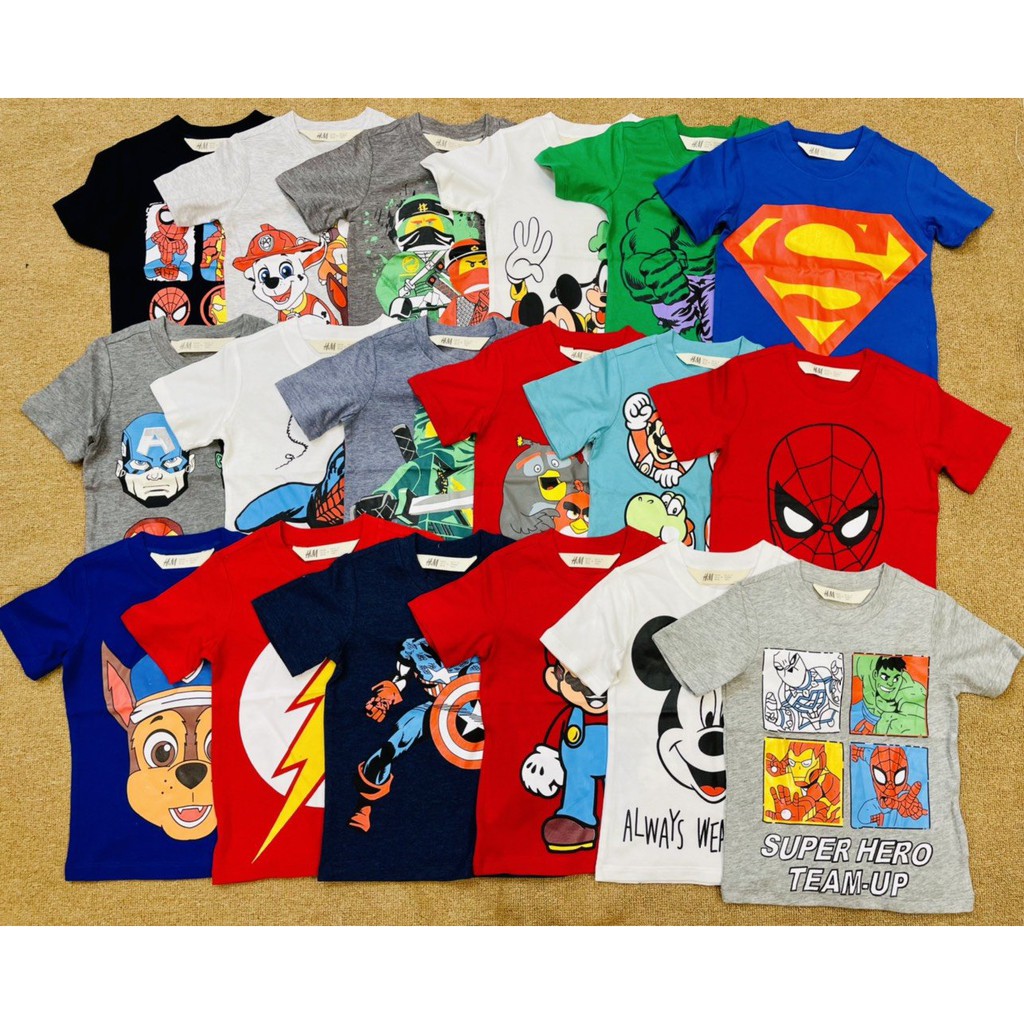 Áo phông cộc Bé trai. Áo phông cotton họa tiết Marvel siêu nhân, spiderman, batman cực chất HM AH07