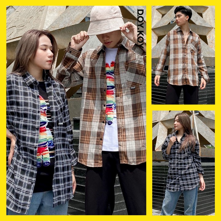 Áo khoác sơ mi caro nam nữ unisex tay dài dáng rộng Hàn Quốc áo sơ mi kẻ caro phong cách trẻ trung năng động - DOYKOY