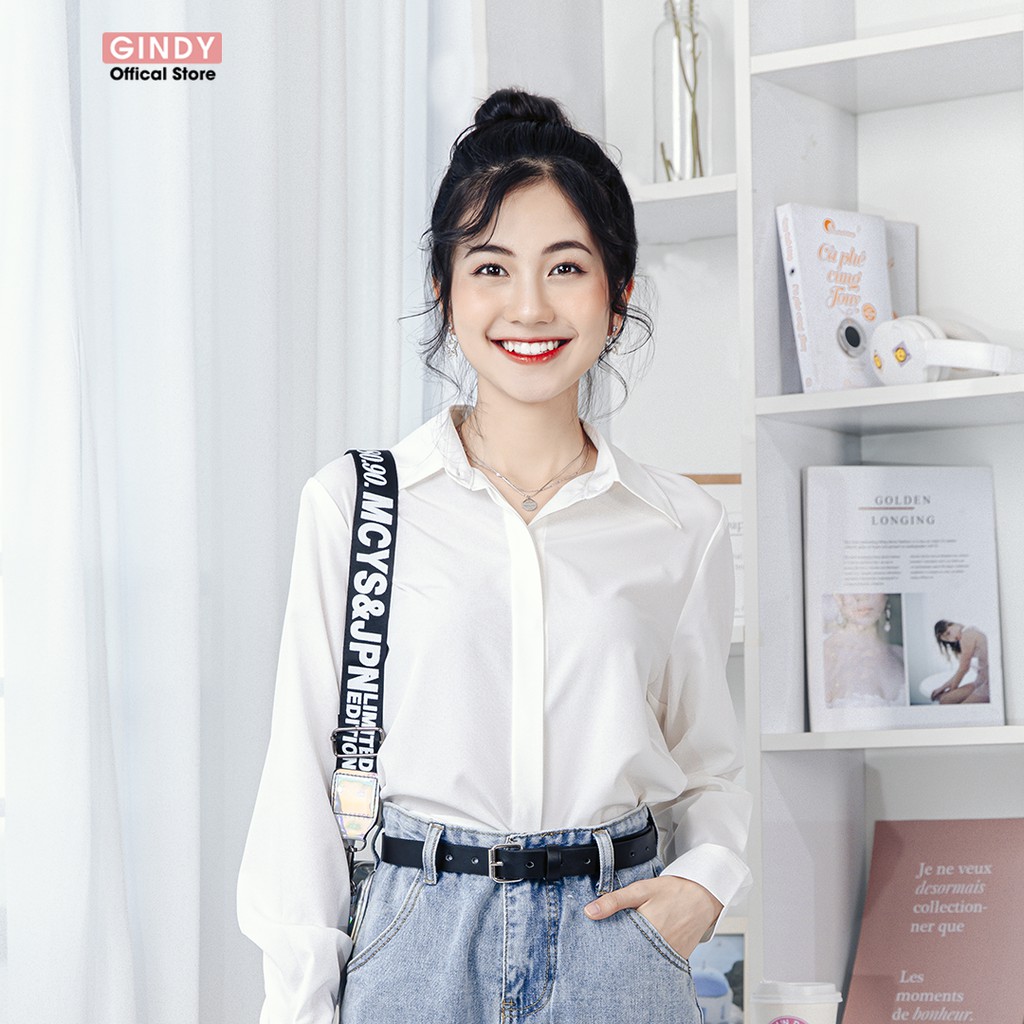 Áo sơ mi trắng GINDY nữ dấu cúc dài tay cổ bẻ dáng suông basic trơn thời trang thu đông công sở, học sinh A6110 | BigBuy360 - bigbuy360.vn