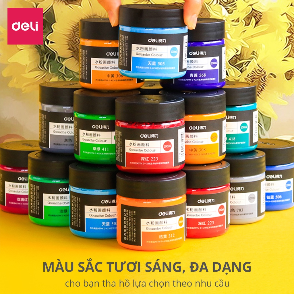 Hũ màu Goat Gouache, màu nước pha sẵn Deli lọ 100ml cao cấp - Chất siêu mịn, dễ dàng trộn màu, thiết kế thời trang 73888