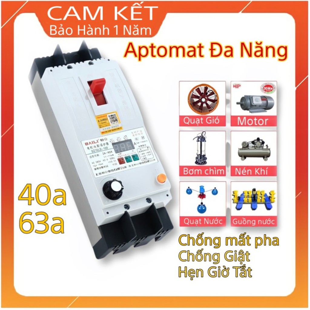 [CÓ VIDEO TEST] Aptomat chống mất pha 40a,63a , cb chống giật BAILI DZ15L , át tô mát 3 pha