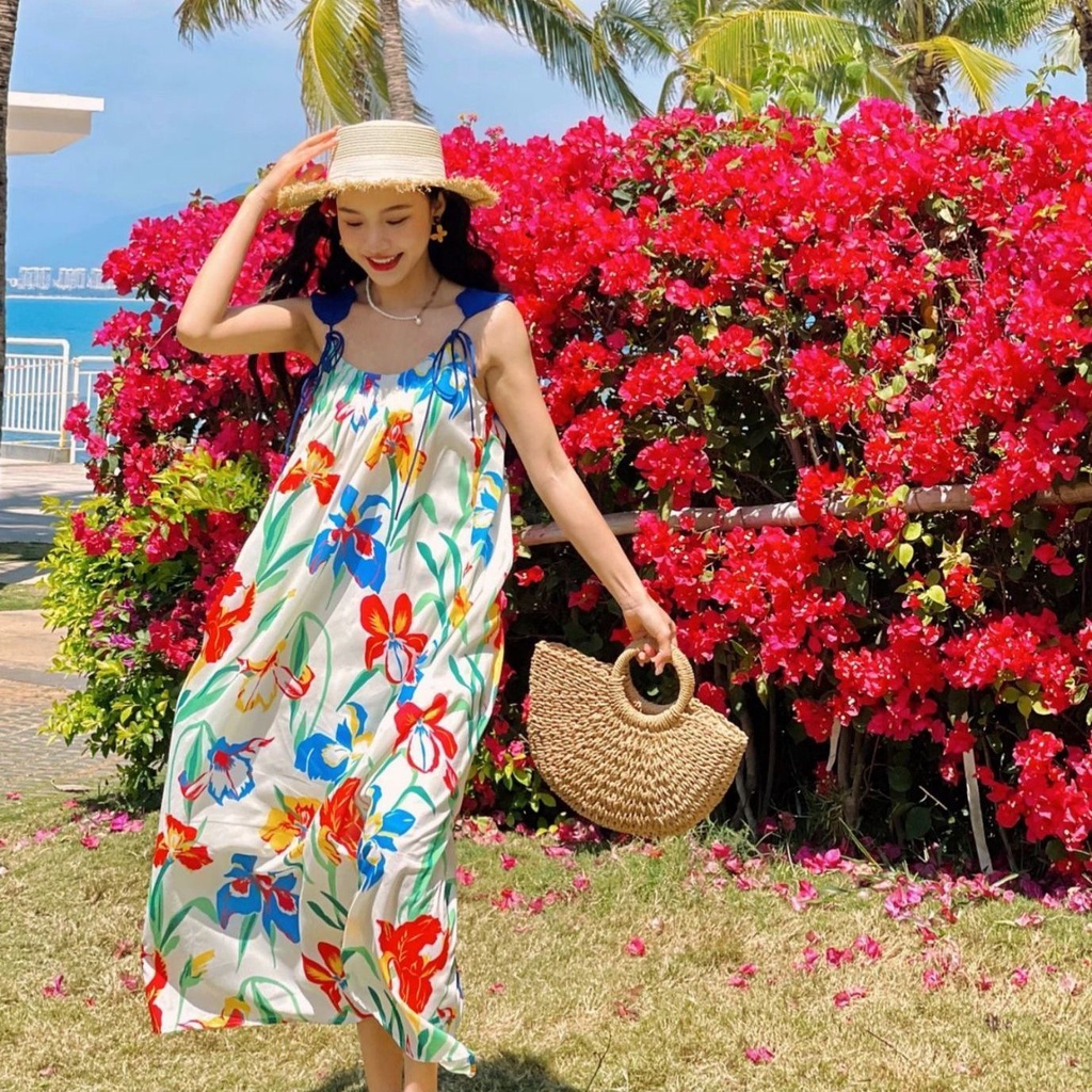 Đầm midi Hai Dây Dáng Dài Vải satin In Hoa Thời Trang Mùa Hè