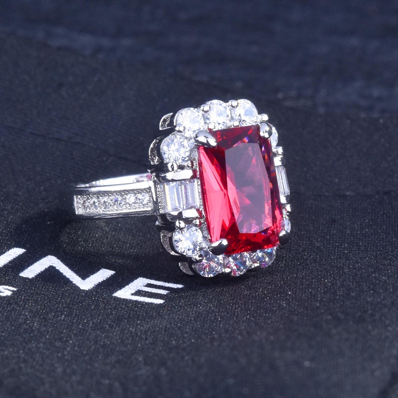 Nhẫn đính hôn màu bạc đính đá zircon đỏ hình vuông sang trọng có thể điều chỉnh kích thước dành cho nữ