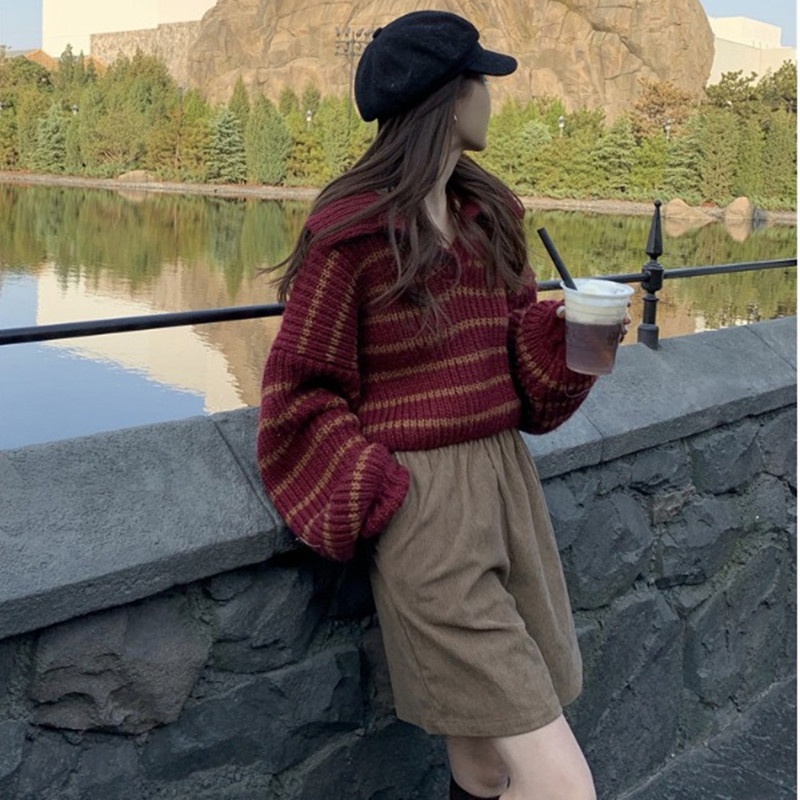 Áo sweater NZN dệt kim cổ bẻ dáng rộng họa tiết kẻ sọc thời trang thu đông mới dành cho nữ