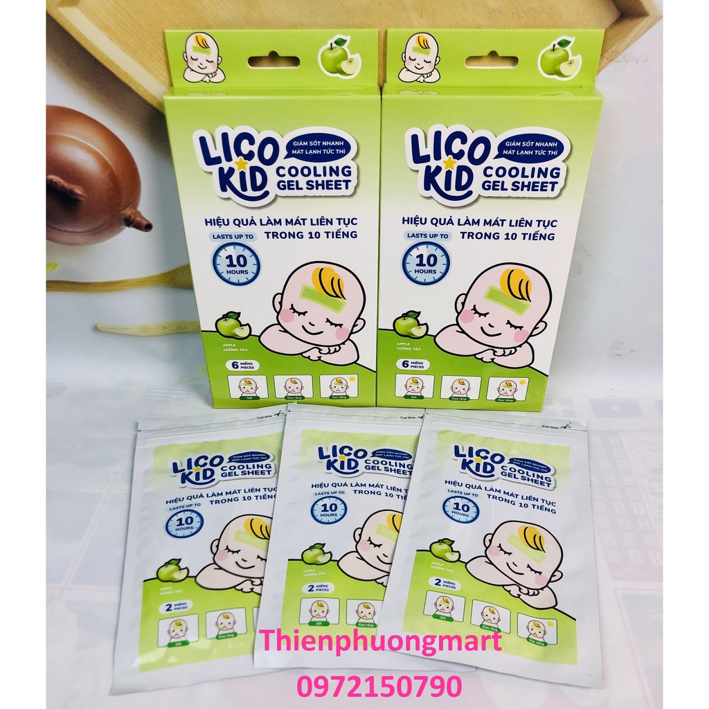 Miếng dán hạ số Lico kid giảm sốt nhanh, Mát lạnh tức thời - Dán hạ sốt hương chanh, hương táo, hương bạc hà 6 miếng/hộp