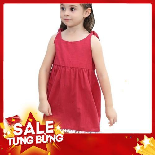 KIDSCLOTHING Đầm công chúa cotton đỏ có ren bông vải dưới chân váy cho bé gái -Hàng nhập khẩu