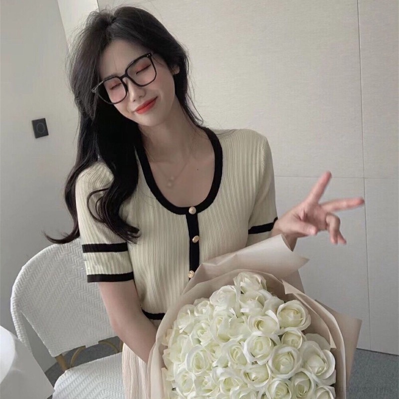 Áo Croptop Dệt Kim Cổ Tròn Màu Tương Phản Thời Trang Mùa Hè Cho Nữ