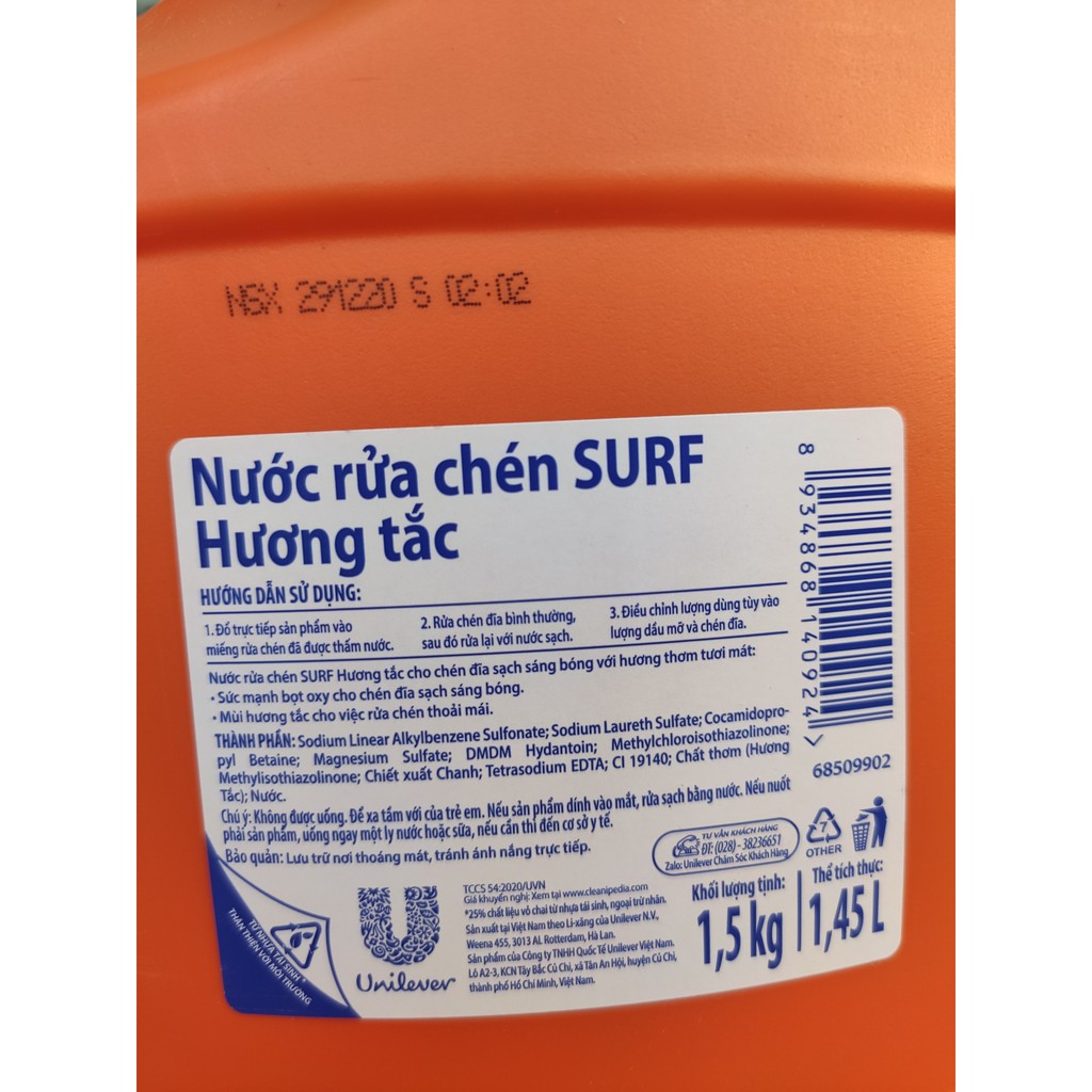 SURF Nước Rửa Chén hương Tắc 1.5kg 1.5 kg Can Nhựa 1,5kg