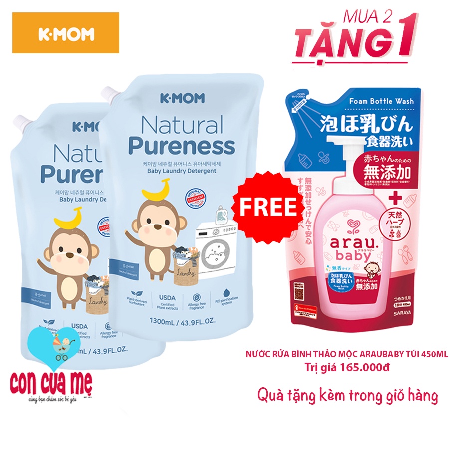 Combo 2 túi Nước giặt đồ sơ sinh với chiết xuất thảo mộc hữu cơ K-Mom Km13127 1300ml