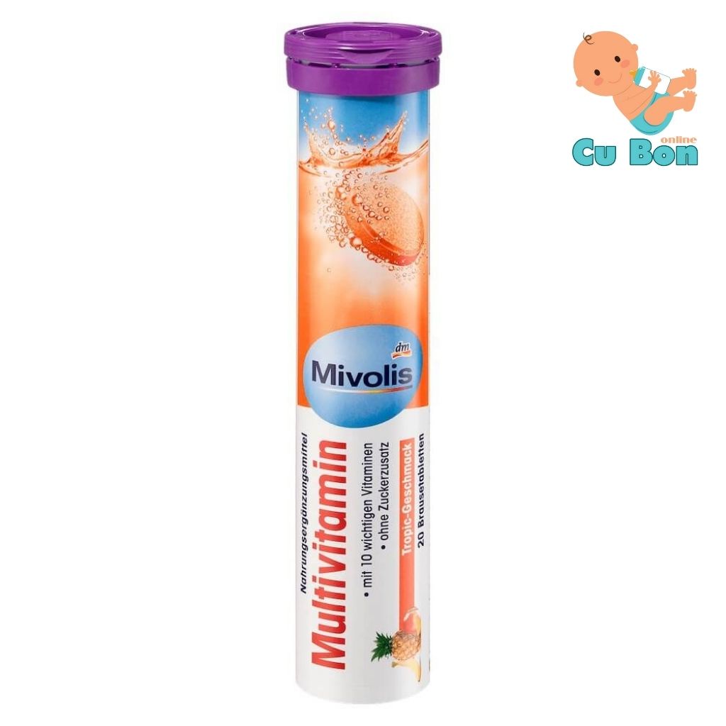VIÊN SỦI VITAMIN TỔNG HỢP MIVOLIS MULTIVITAMIN hộp 20 viên bổ sung 10 loại vitamin có lợi cho sức khỏe, hương cam ngon