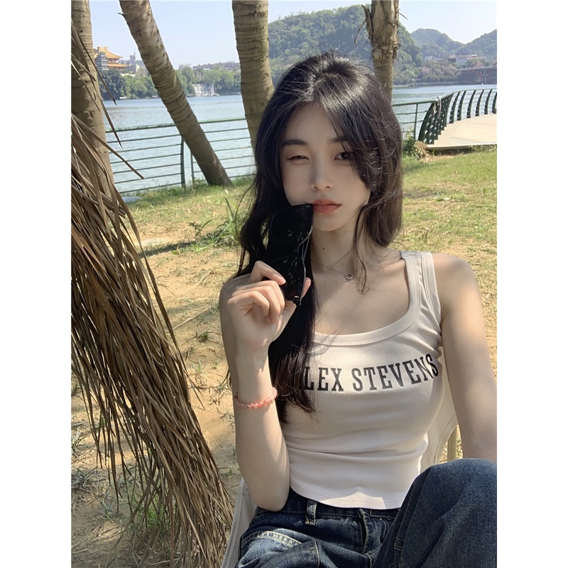 Áo Croptop Sát Nách Hoạ Tiết Chữ Thiết Kế Độc Đáo Cho Nữ
