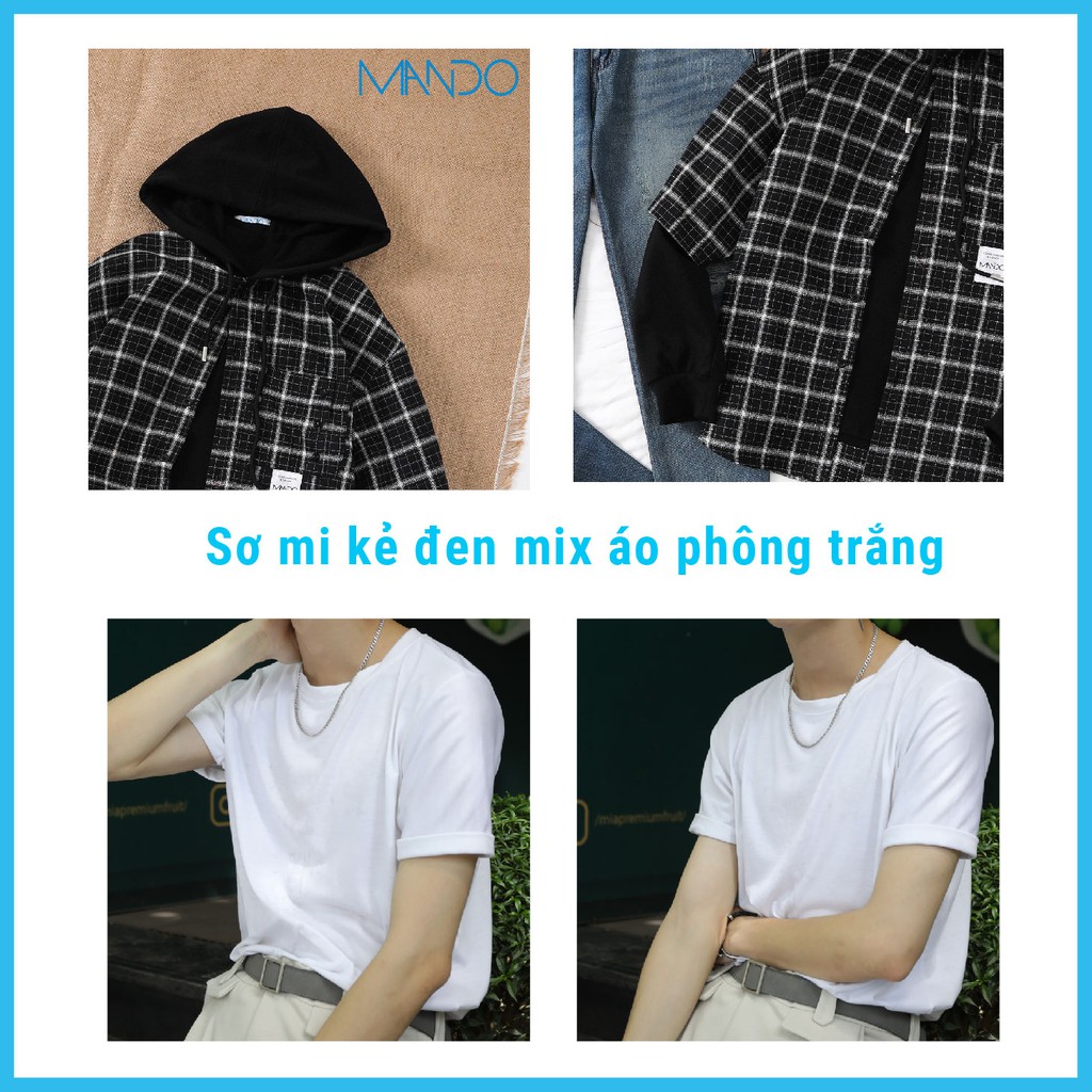 Áo Sơ Mi Nam Caro Khoác Ngoài Có Mũ  Dài Tay Mix Áo Phông Trắng Hottrend Form Rộng Unisex MANDO Hot Nhất 2020-SMD070