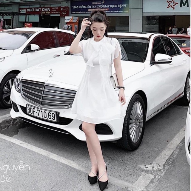 Đầm voan trắng cổ nơ (ảnh thật)