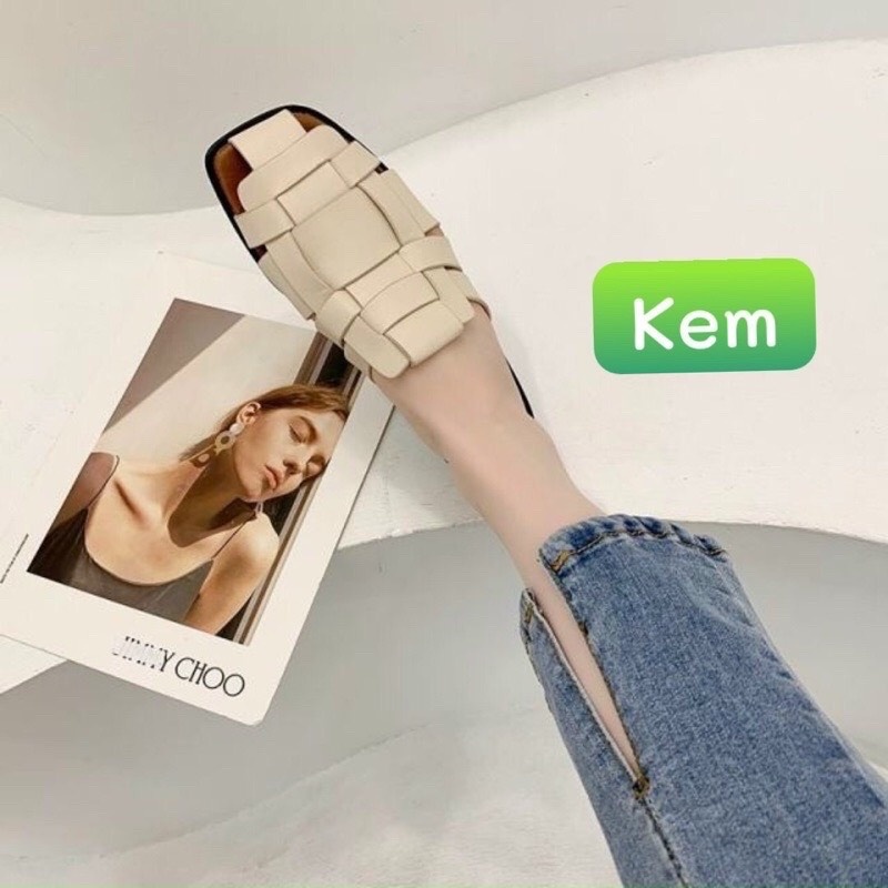 Dép sục rọ dan dây hai màu đen kem hàng da mềm