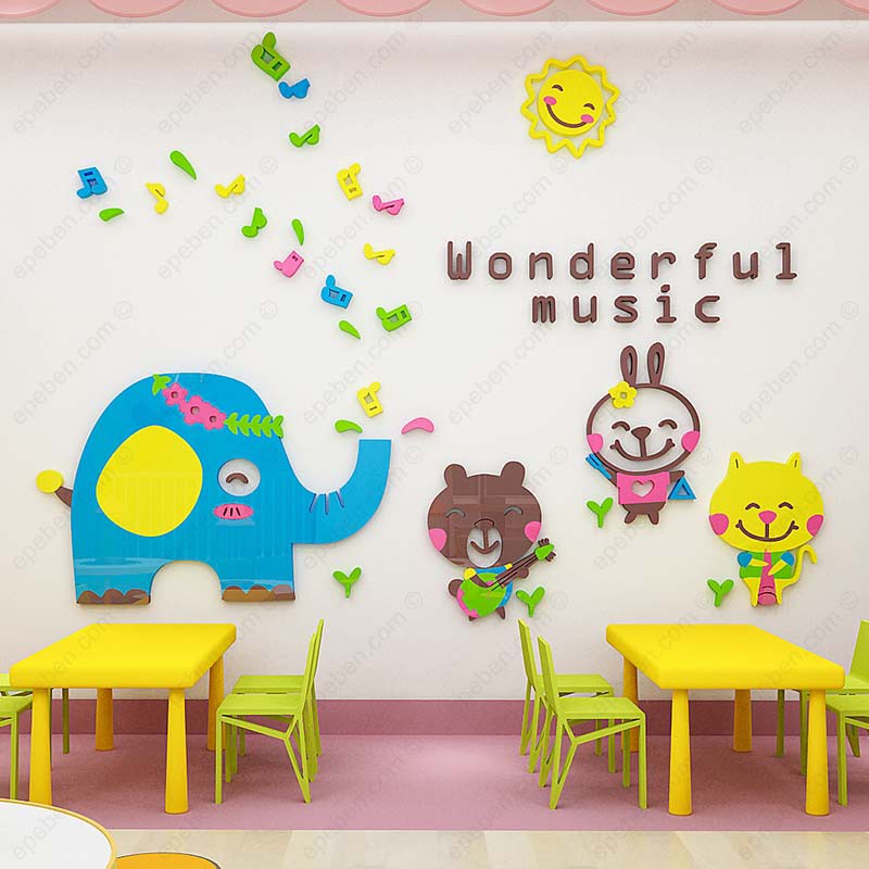 Tranh dán tường mica 3d decor khổ lớn thế giới âm nhạc cho bé trang trí mầm non, phòng cho bé Nhiều Size - EPeBen