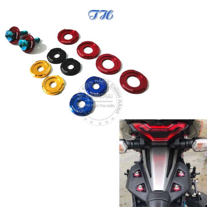 Long đền Kitaco nhôm CNC mọi vị trí cho ốc 6li, 8li, 10li, 12li chêm ốc lốc máy đủ màu