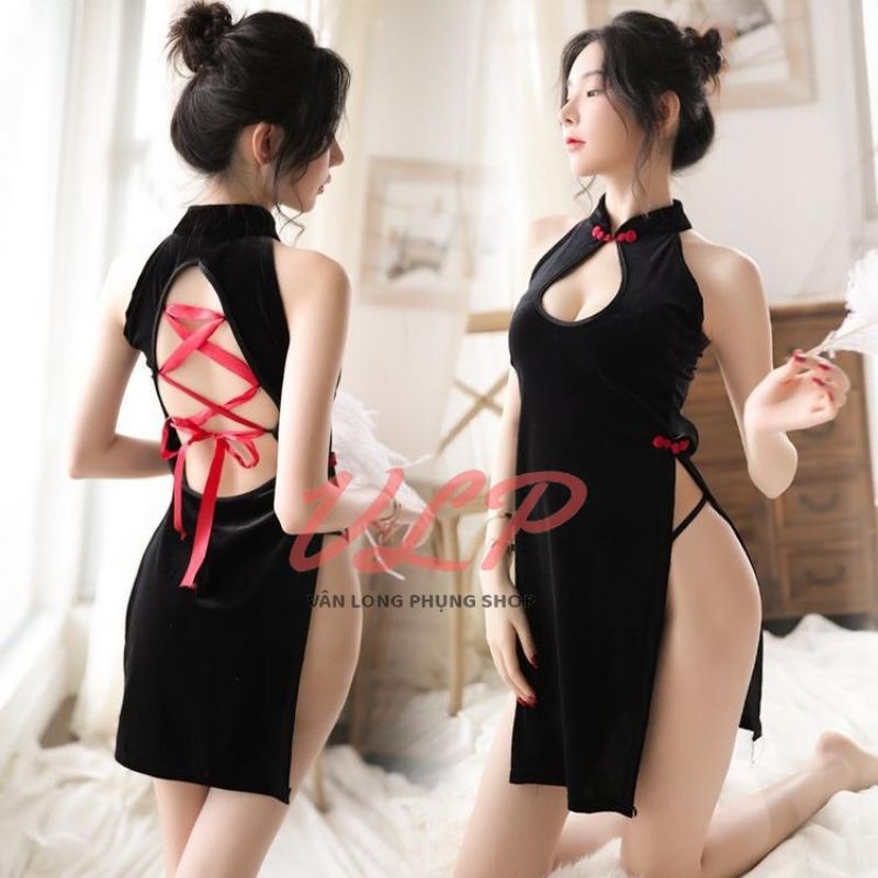 [Nhung mềm mịn]_DN55_Set Cosplay Sườn Xám Trung Hoa Xẻ Tà Đan Dây Lưng