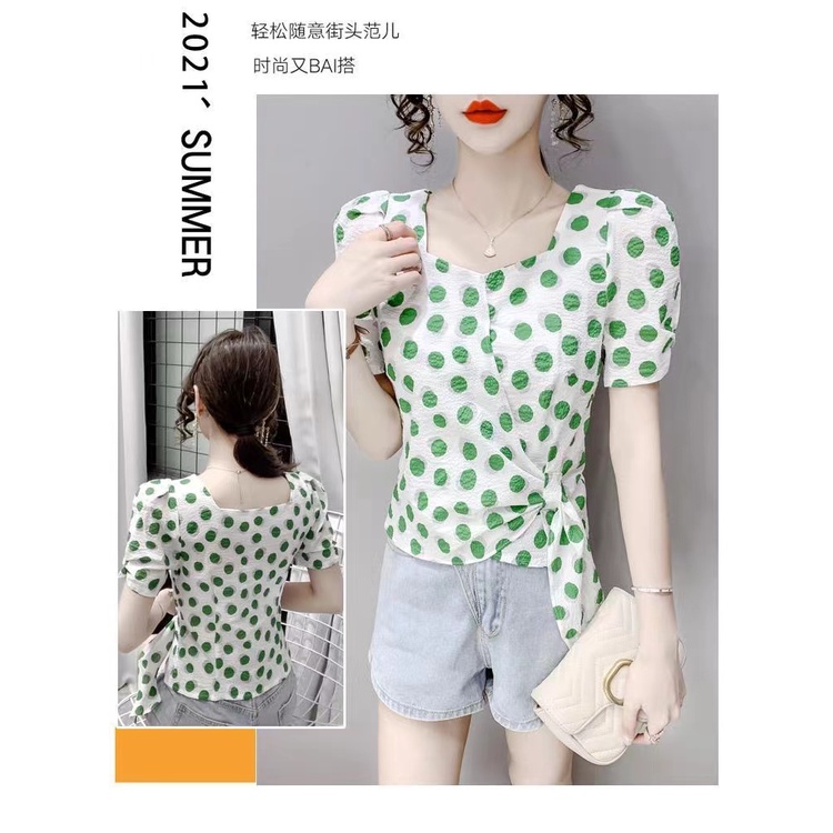 Áo Chiffon Cổ Vuông Tay Ngắn Họa Tiết Chấm Bi Thời Trang Mùa Hè Cho Nữ