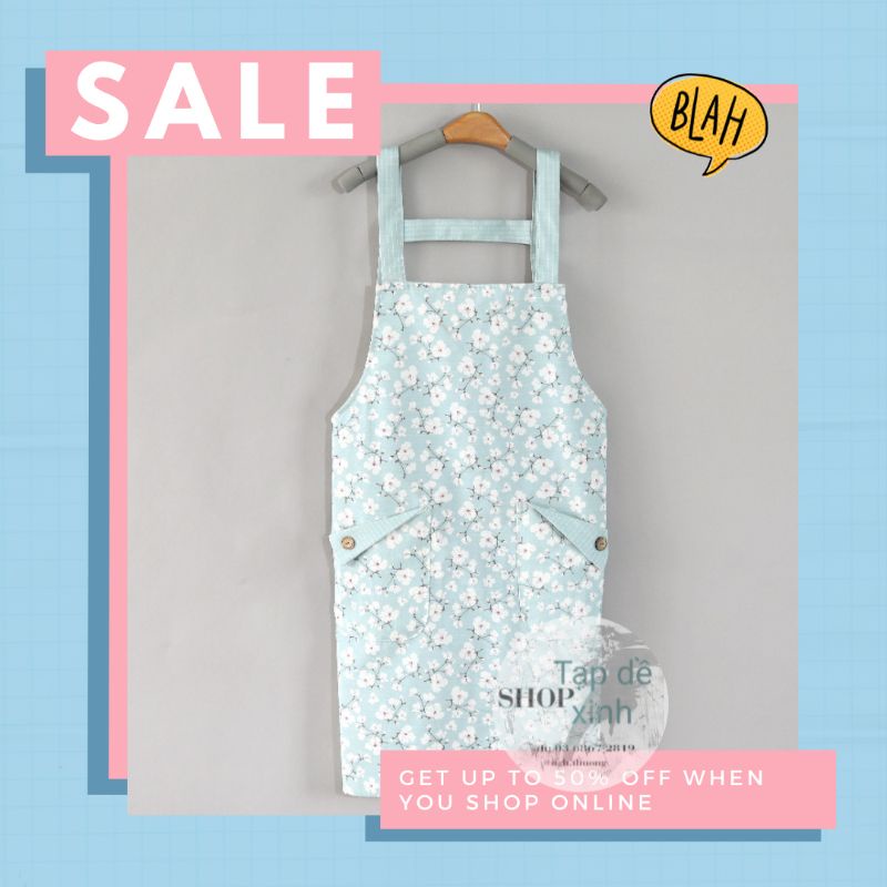 Tạp dề vải cotton thô phong cách Nhật  họa tiết sakura hoa anh đào màu sắc vintage 2 quai đeo vai free size có túi sẵn