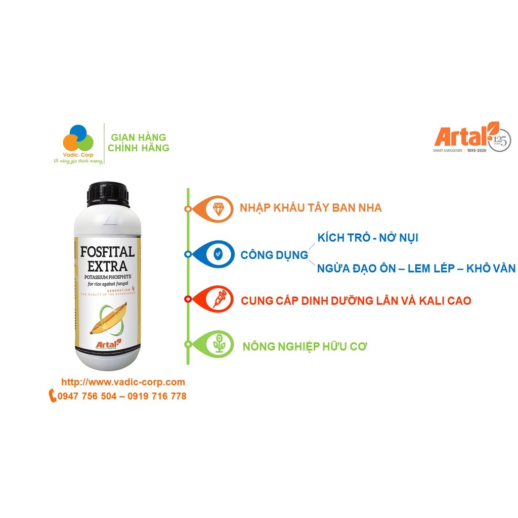 Phân bón FOSFITAL EXTRA 2 trong 1 chuyên dùng cho lúa phòng ngừa đạo ôn lá, lem lép hạt, nở bụi, đòn