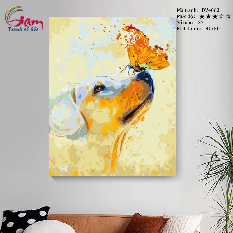 Tranh tô màu theo số chó và bướm có sẵn đã căng khung 40x50cm DV4063