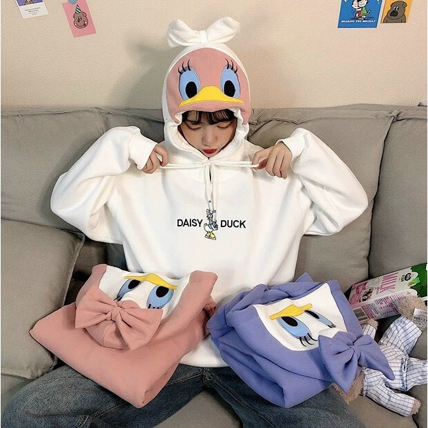 ÁO HOODIE NÓN CHUI TRÙM ĐẦU NỮ MÀU TRẮNG VẢI NỈ POLY VỊT DAISY DUCK