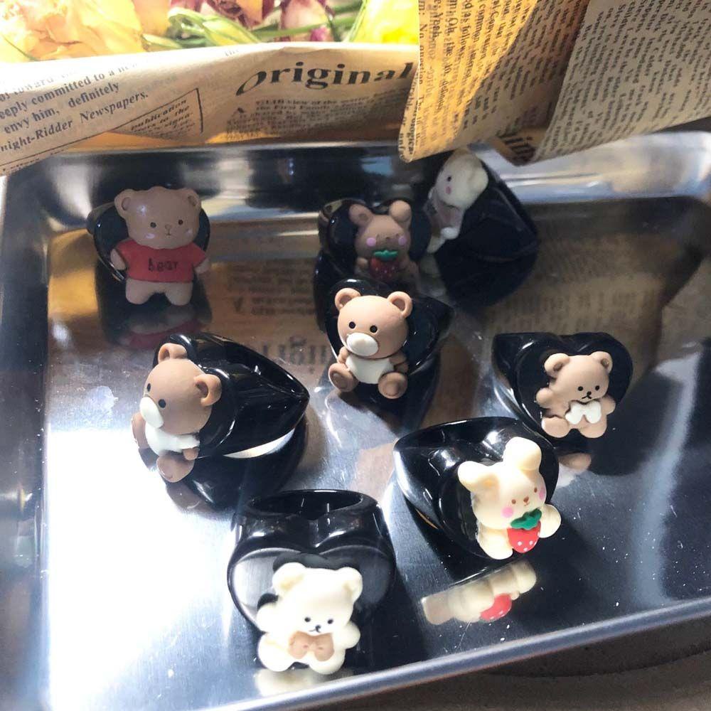 Nhẫn Đeo Ngón Tay Hình Thỏ / Gấu Màu Đen / Kaki Kiểu Hàn Quốc Thời Trang Cho Nữ