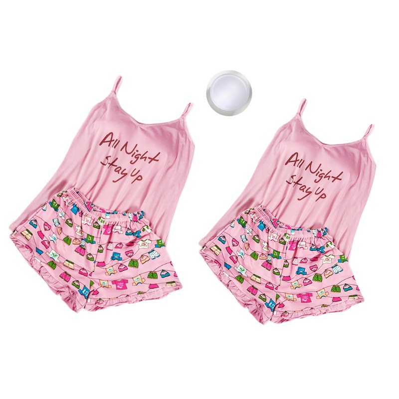 Bộ đồ ngủ hai dây in họa tiết hoạt hình phối bèo có mút đệm thời trang mùa hè cho nữ | BigBuy360 - bigbuy360.vn
