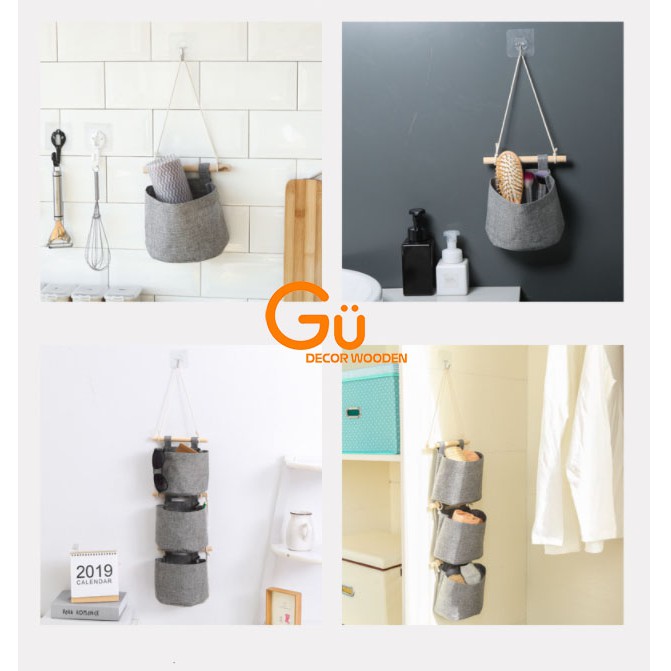 Túi giỏ vải đựng đồ treo tường, đựng đồ cá nhân vintage có chia ngăn decor trang trí nhà cửa - GU DECOR WOODEN