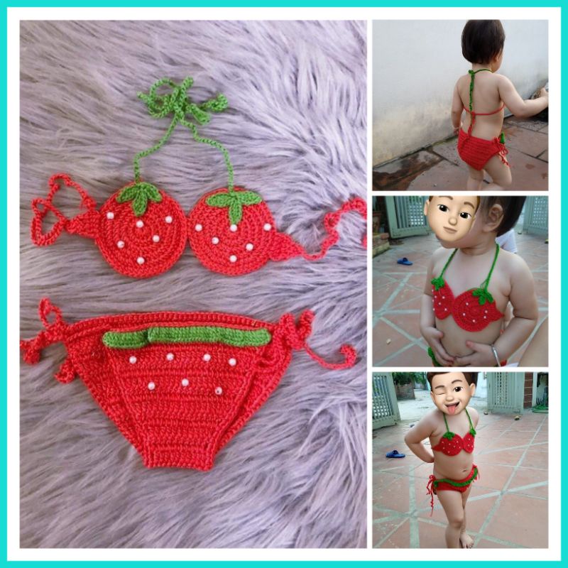 Bikini cho bé bằng len, quần áo tắm cho bé buộc dây handmade